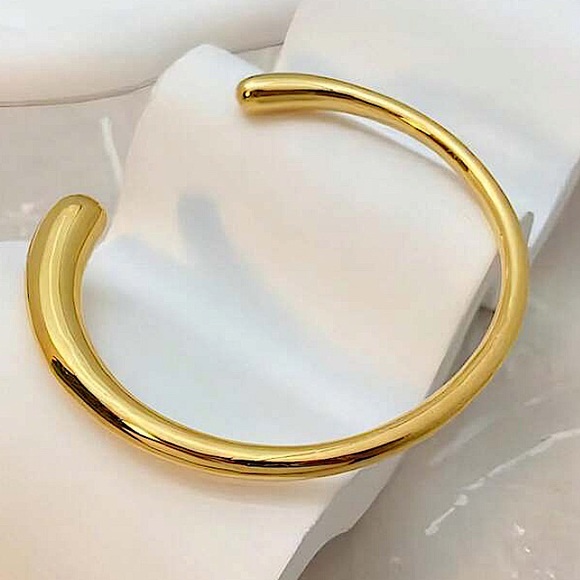 Gold Irregular Geometric Bangle Bracelet, Thick & Thin Cuff, Gold Plated - Picture 8 of 9